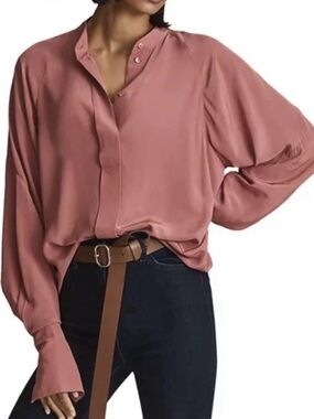 REISS Pink Harris Women's Cuffed Button Down Blouse Top Size 10